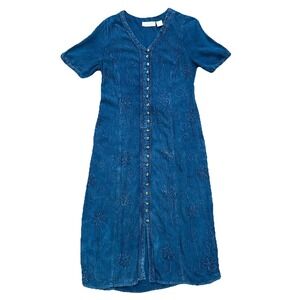 The Paragon Blue Embroidered Button Up Dress Womens Medium Lagenlook Embroidered